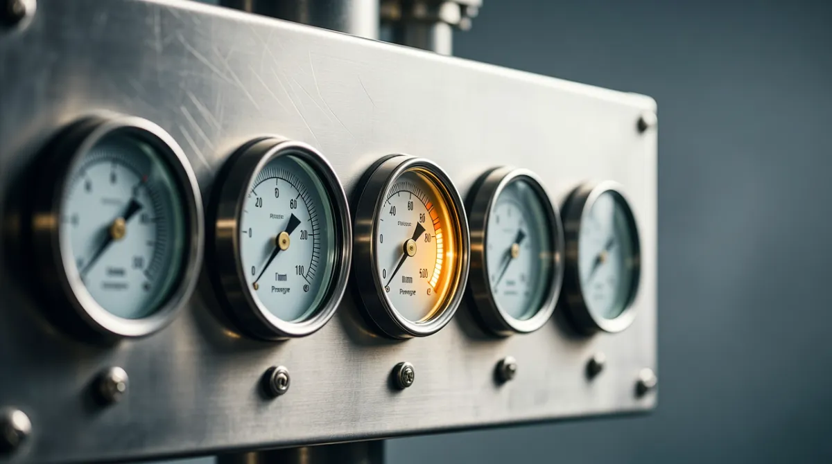 A row of analog pressure gauges on a steel panel with one needle edging toward an amber band, representing continuous monitoring that catches drift before failure.
