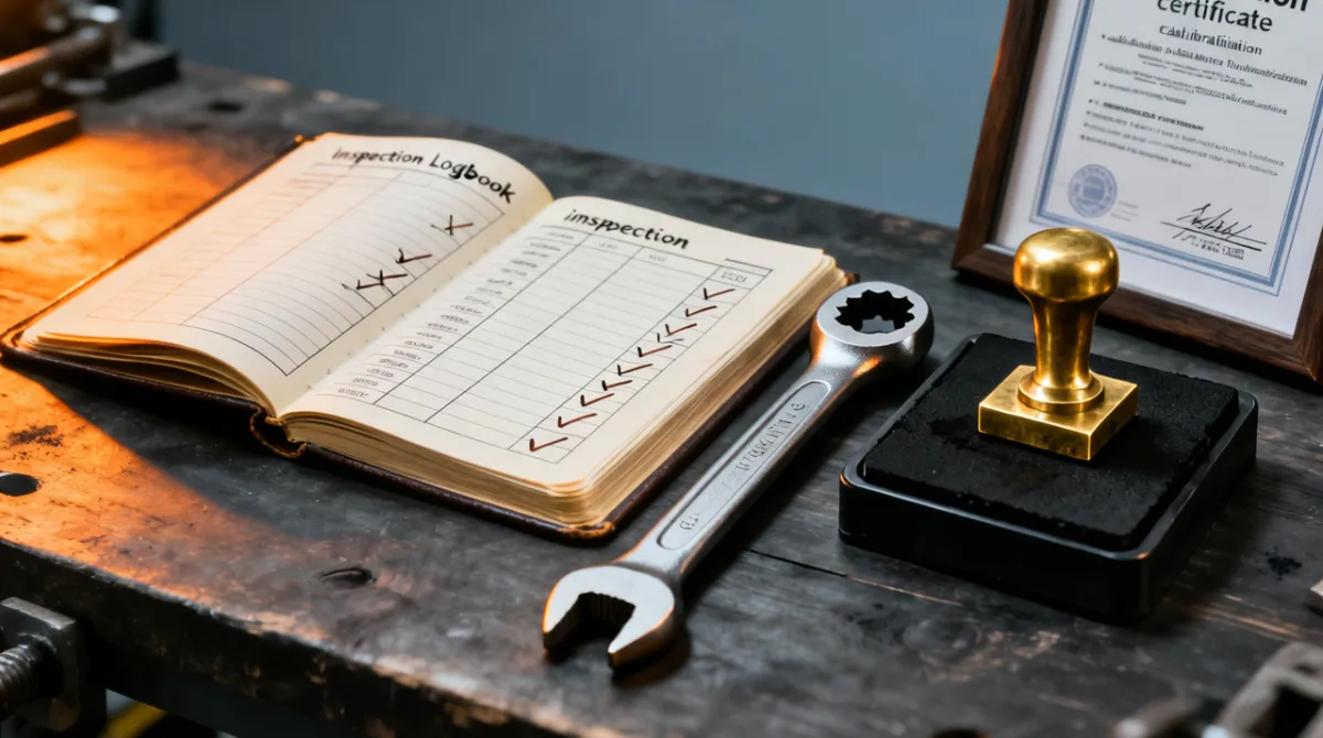 An open inspection logbook with ticked rows beside a calibration certificate, a torque wrench and a brass inspection stamp, representing a documented quality checklist for evaluating a provider.