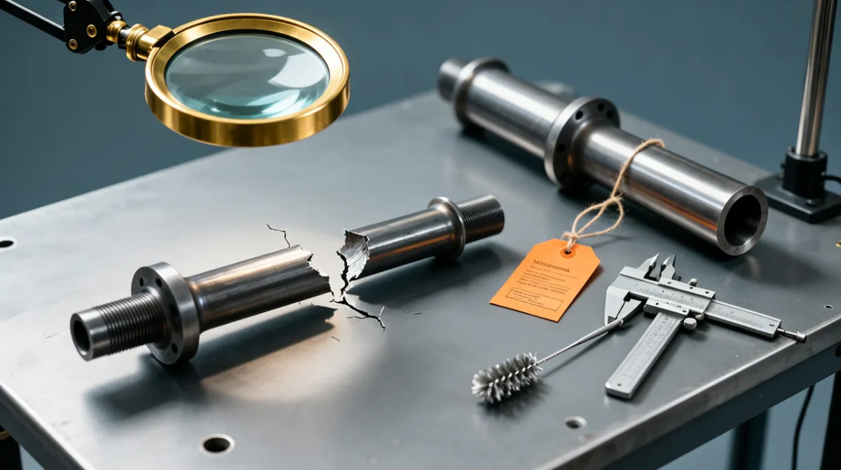 A fractured steel shaft under a magnifying lens beside a tagged replacement part and an amber inspection tag, representing root cause analysis that turns an incident into a lasting fix.