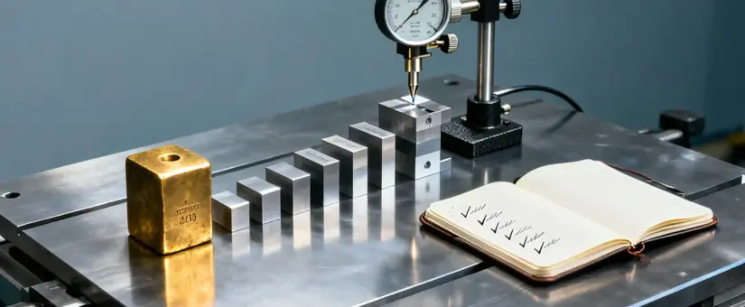 A precision calibration bench with gauge blocks, a dial indicator touching a machined part and an inspection logbook, representing ongoing quality assurance in managed IT services.