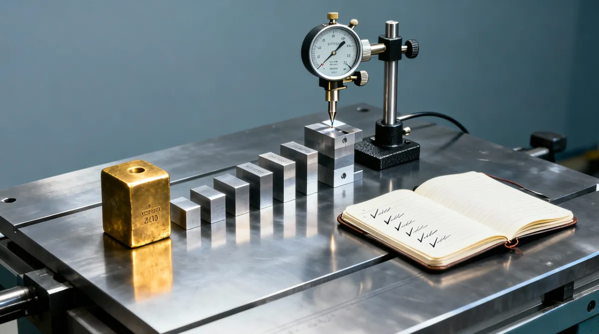 A precision calibration bench with gauge blocks, a dial indicator touching a machined part and an inspection logbook, representing ongoing quality assurance in managed IT services.